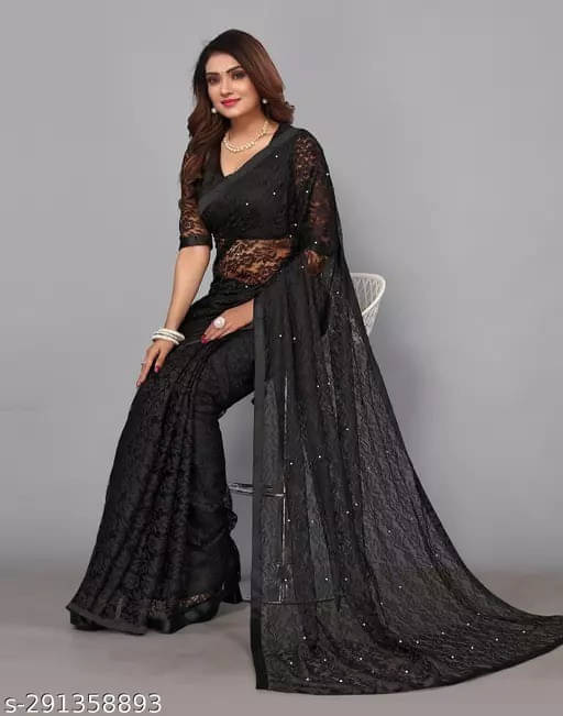     			VRAGI Net Self Design Regular Saree With Unstitched Blouse Piece ( Black )