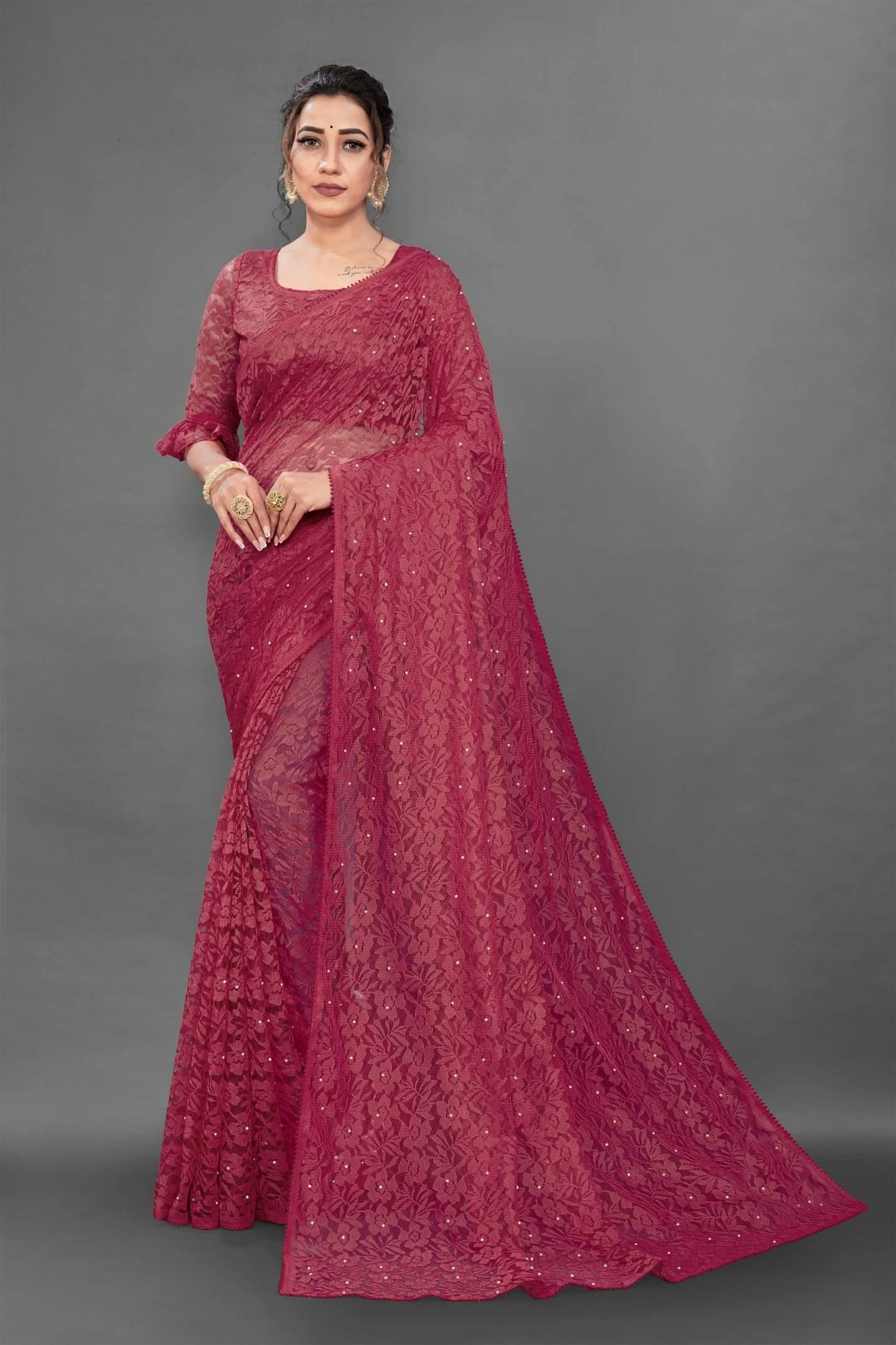     			VRAGI Net Self Design Regular Saree With Unstitched Blouse Piece ( Maroon )