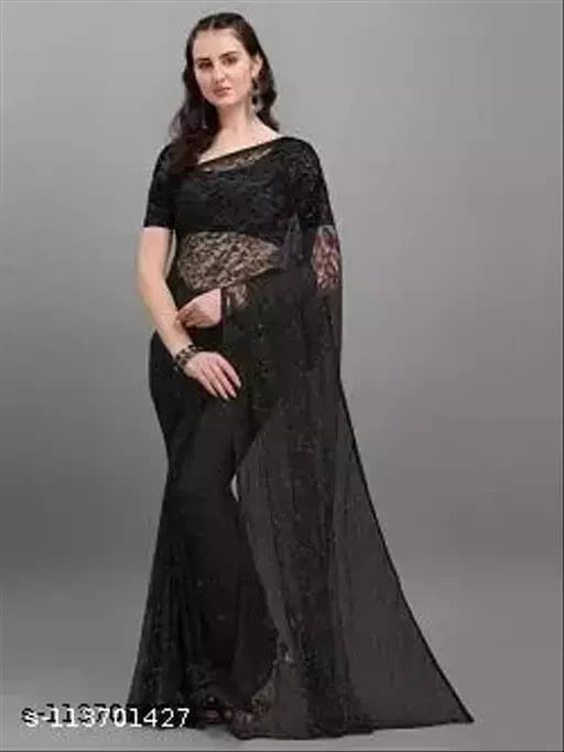     			VRAGI Net Self Design Regular Saree With Unstitched Blouse Piece ( Black )