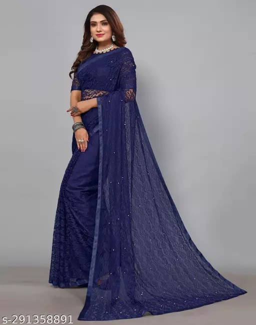     			VRAGI Net Self Design Regular Saree With Unstitched Blouse Piece ( Blue )