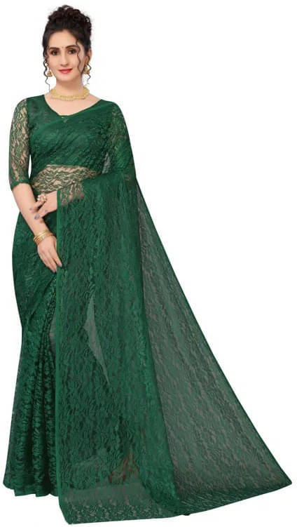     			VRAGI Net Self Design Regular Saree With Unstitched Blouse Piece ( Green )