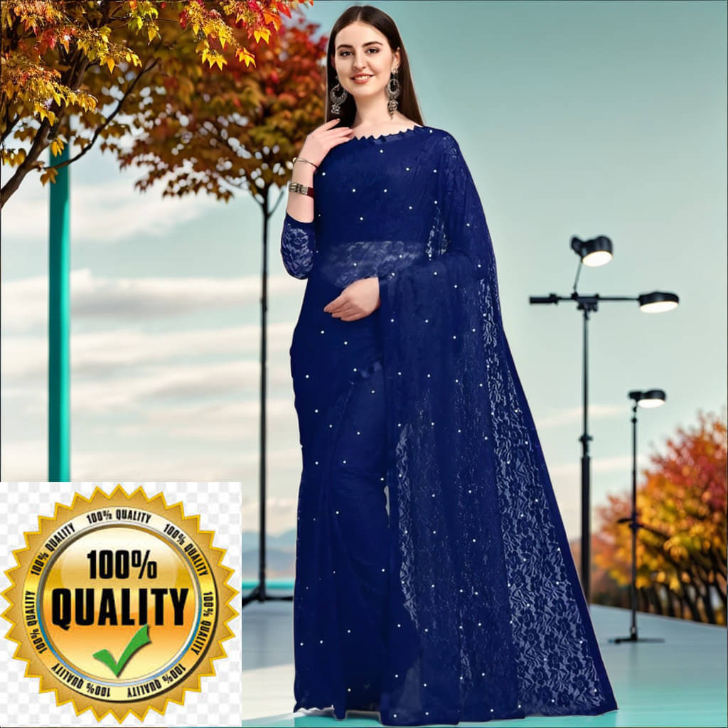     			VRAGI Net Self Design Regular Saree With Unstitched Blouse Piece ( Navy Blue )