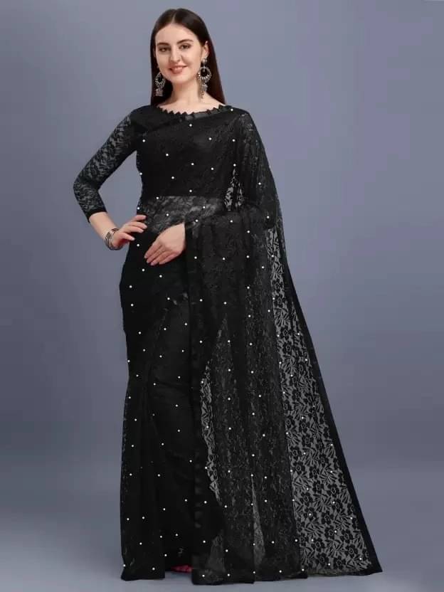     			VRAGI Net Self Design Regular Saree With Unstitched Blouse Piece ( Black )