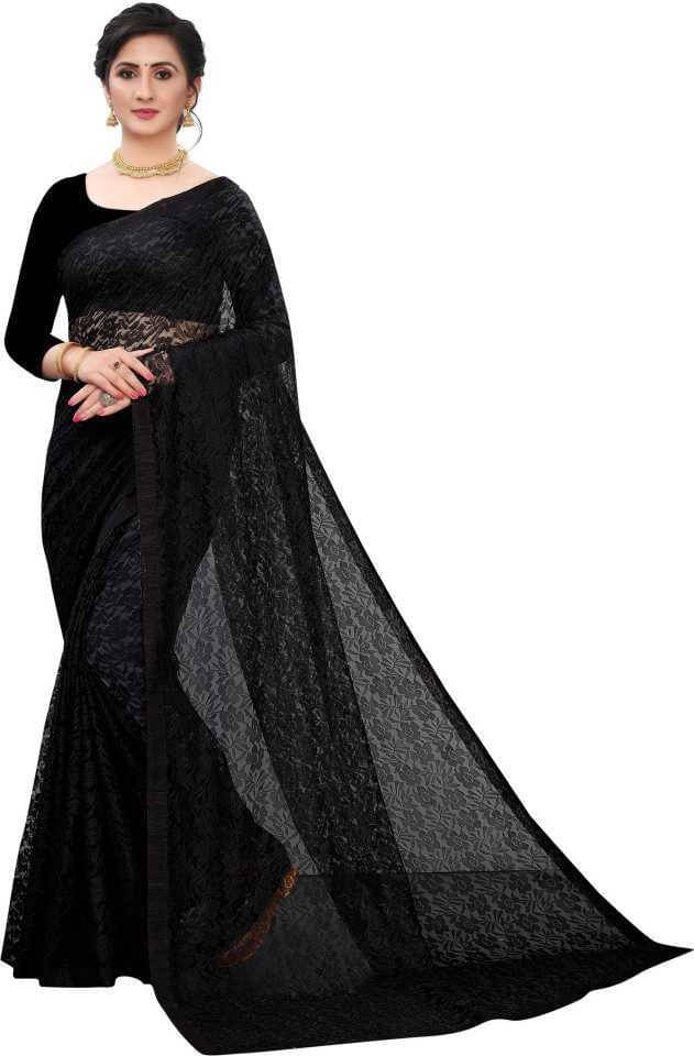     			VRAGI Net Self Design Regular Saree With Unstitched Blouse Piece ( Black )