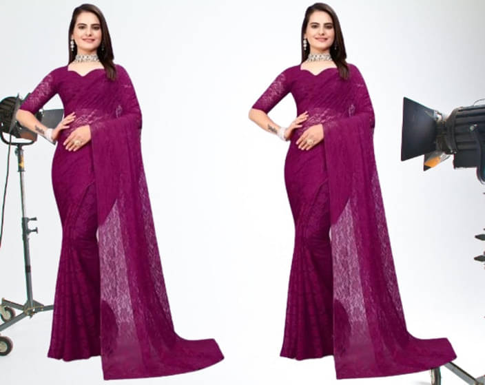     			VRAGI Net Self Design Regular Saree With Unstitched Blouse Piece ( Purple )