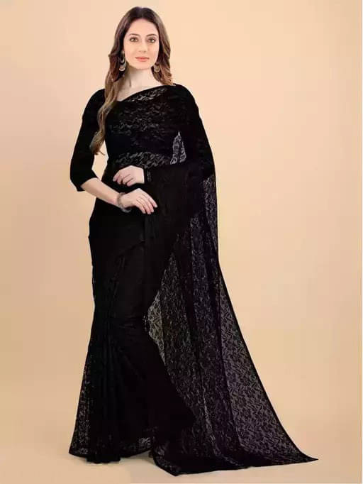     			VRAGI Net Self Design Regular Saree With Unstitched Blouse Piece ( Black )