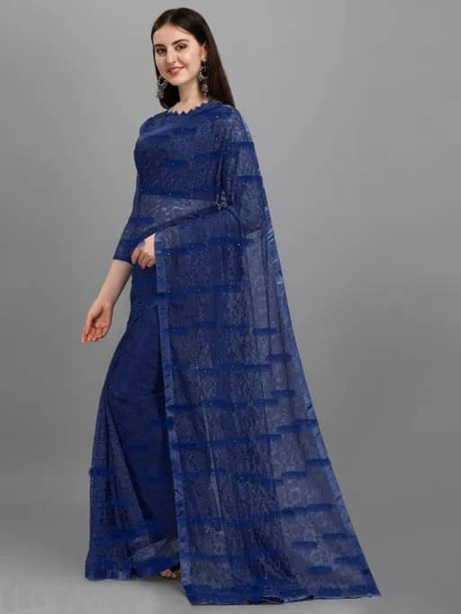     			VRAGI Net Self Design Regular Saree With Unstitched Blouse Piece ( Navy Blue )