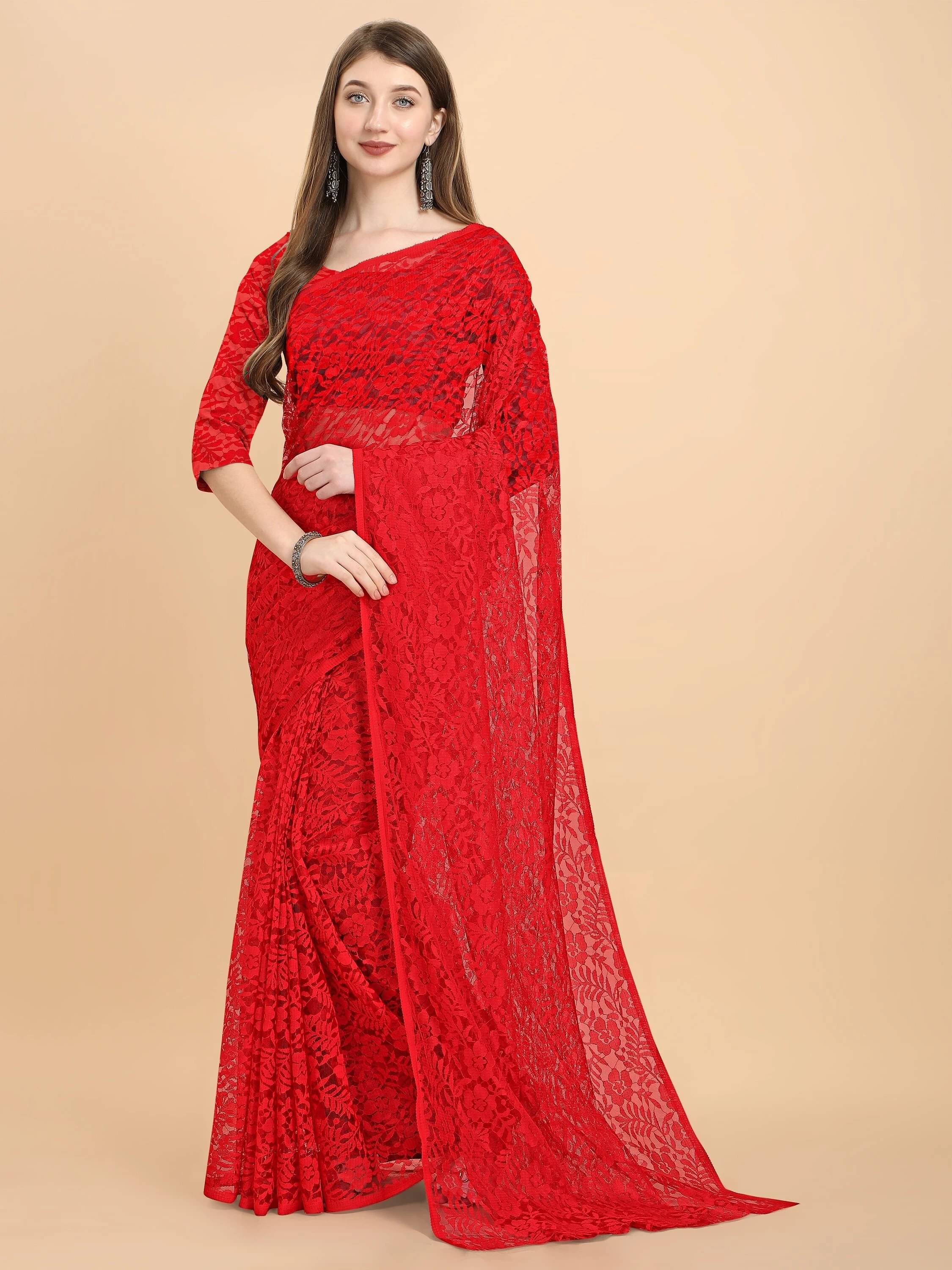     			VRAGI Net Self Design Regular Saree With Unstitched Blouse Piece ( Red )