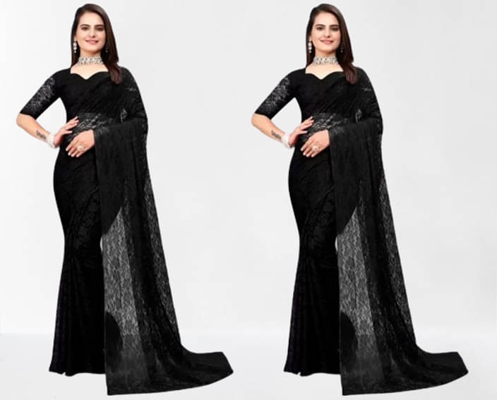     			VRAGI Net Self Design Regular Saree With Unstitched Blouse Piece ( Blue )