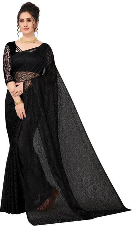     			VRAGI Net Self Design Regular Saree With Unstitched Blouse Piece ( Black )