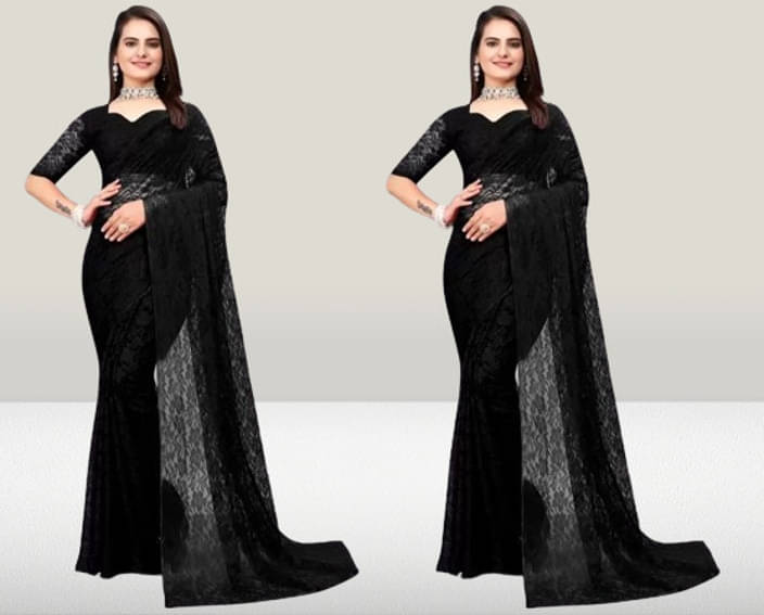     			VRAGI Net Self Design Regular Saree With Unstitched Blouse Piece ( Black )