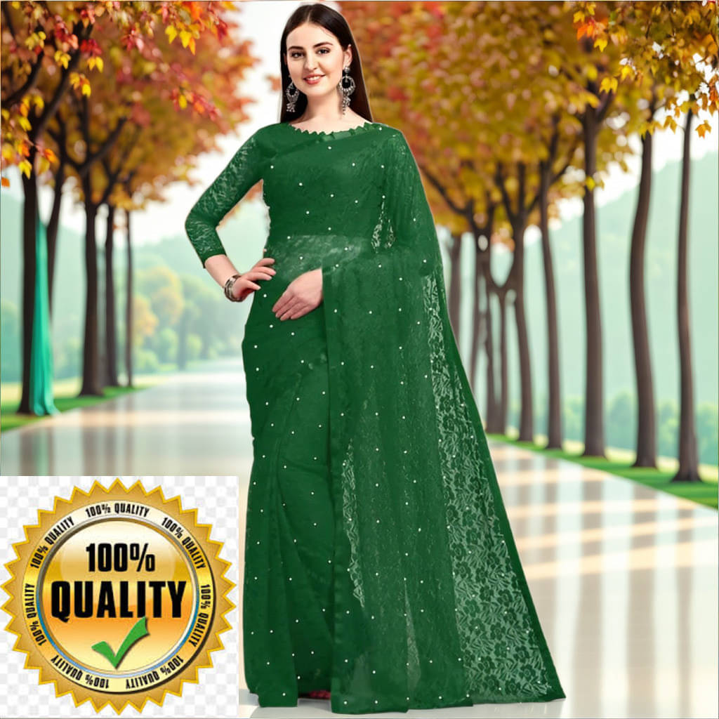     			VRAGI Net Self Design Regular Saree With Unstitched Blouse Piece ( Green )
