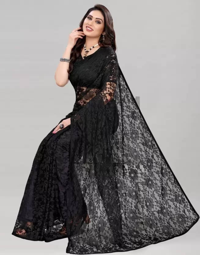 VRAGI Net Woven Regular Saree With Unstitched Blouse Piece ( Black ) VRAGI Net Woven Regular Saree With Unstitched Blouse Piece ( Black )