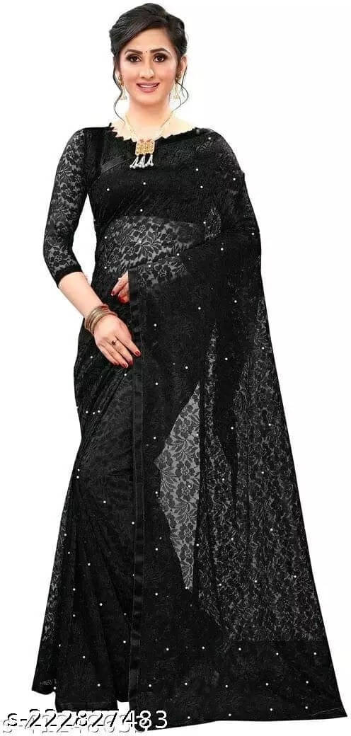 VRAGI Net Woven Regular Saree With Unstitched Blouse Piece ( Black ) VRAGI Net Woven Regular Saree With Unstitched Blouse Piece ( Black )