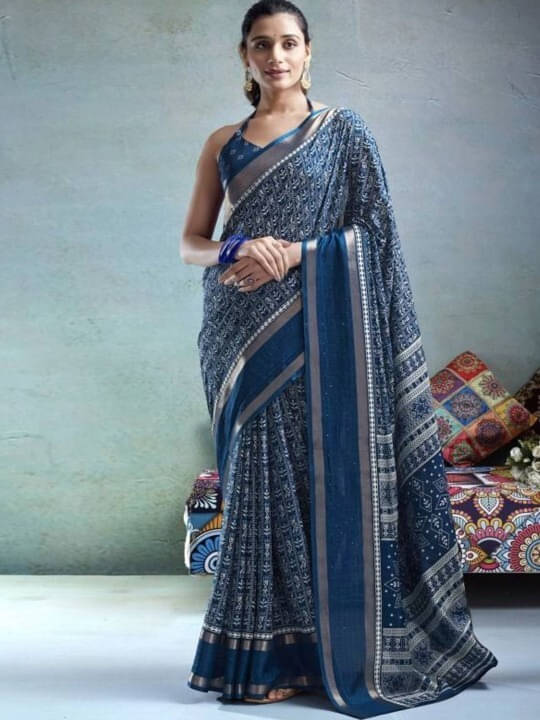     			VRAGI Silk Blend Printed Regular Saree With Unstitched Blouse Piece ( Blue )