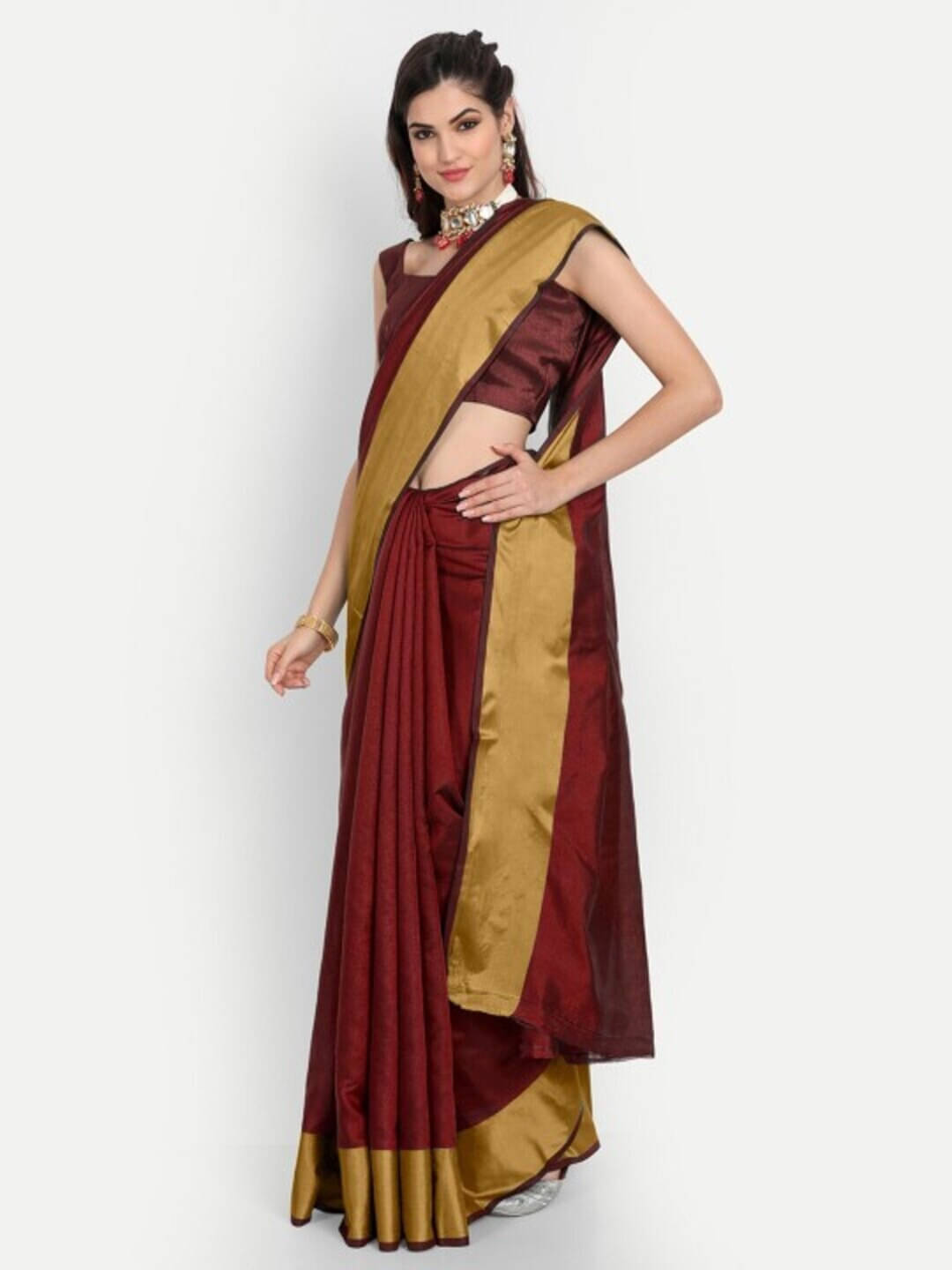     			VRAGI Silk Blend Striped Regular Saree With Unstitched Blouse Piece ( Maroon )