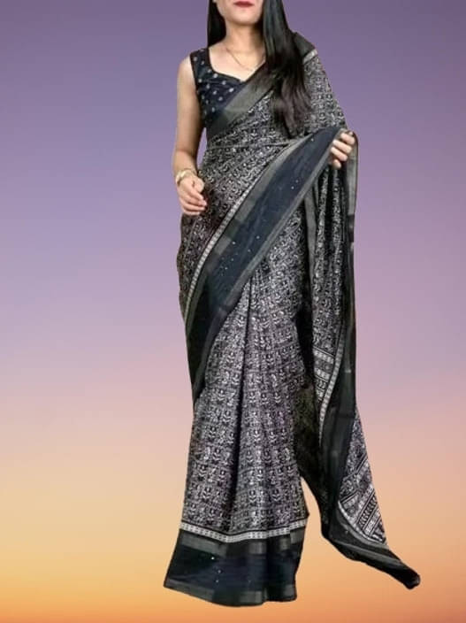 VRAGI Silk Printed Regular Saree With Unstitched Blouse Piece ( Black )     			VRAGI Silk Printed Regular Saree With Unstitched Blouse Piece ( Black )