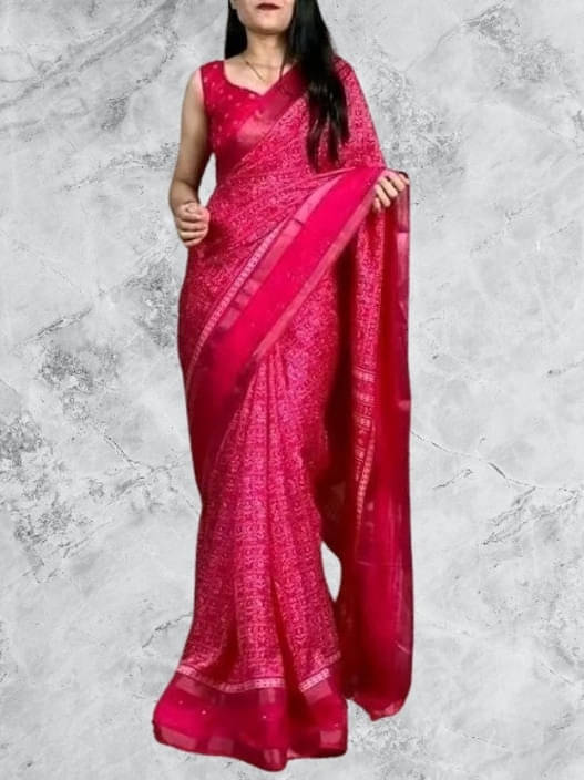 VRAGI Silk Printed Regular Saree With Unstitched Blouse Piece ( Pink ) VRAGI Silk Printed Regular Saree With Unstitched Blouse Piece ( Pink )