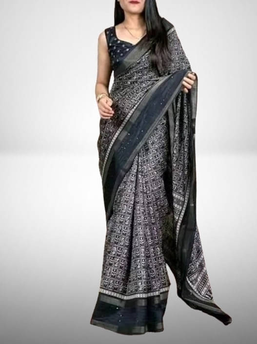     			VRAGI Silk Printed Regular Saree With Unstitched Blouse Piece ( Black )