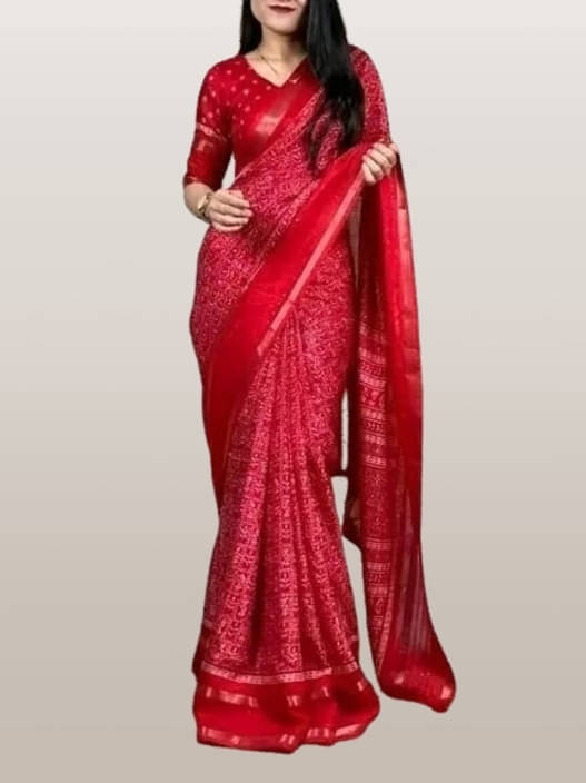    			VRAGI Silk Printed Regular Saree With Unstitched Blouse Piece ( Red )