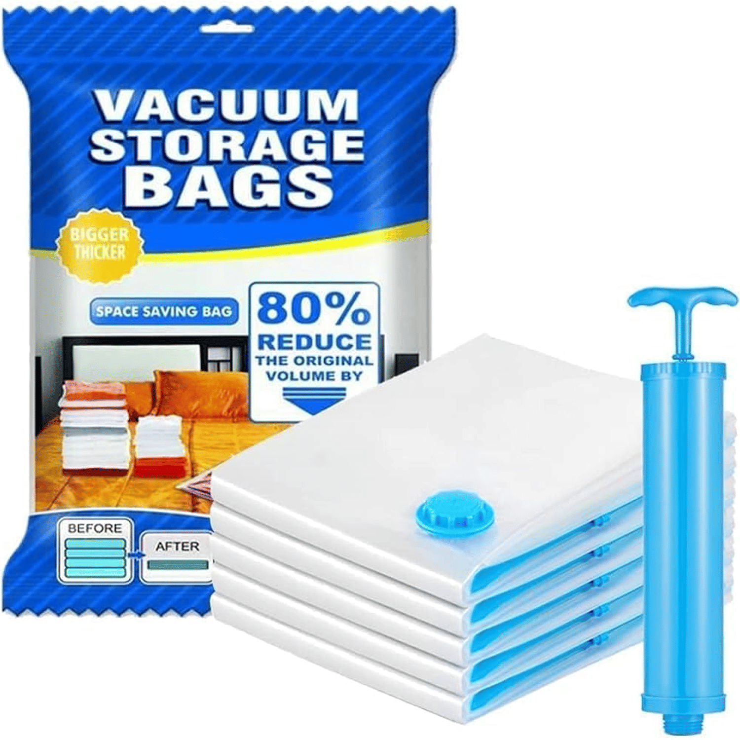     			Vacuum Storage Bags For Clothes With Hand Pump, Vacuum Seal Bags For Clothing, 5Pcs Space Saver Bags For Travel & Home, Self-Compression Organizer For Blankets, Pillows, Blankets & Sweaters