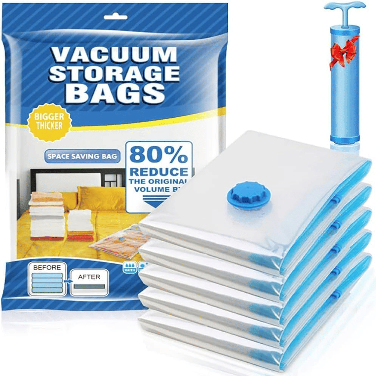     			Vacuum Storage Bags For Clothes With Hand Pump, Vacuum Seal Bags For Clothing, 5Pcs Space Saver Bags For Travel & Home, Self-Compression Organizer For Blankets, Pillows, Blankets & Sweaters