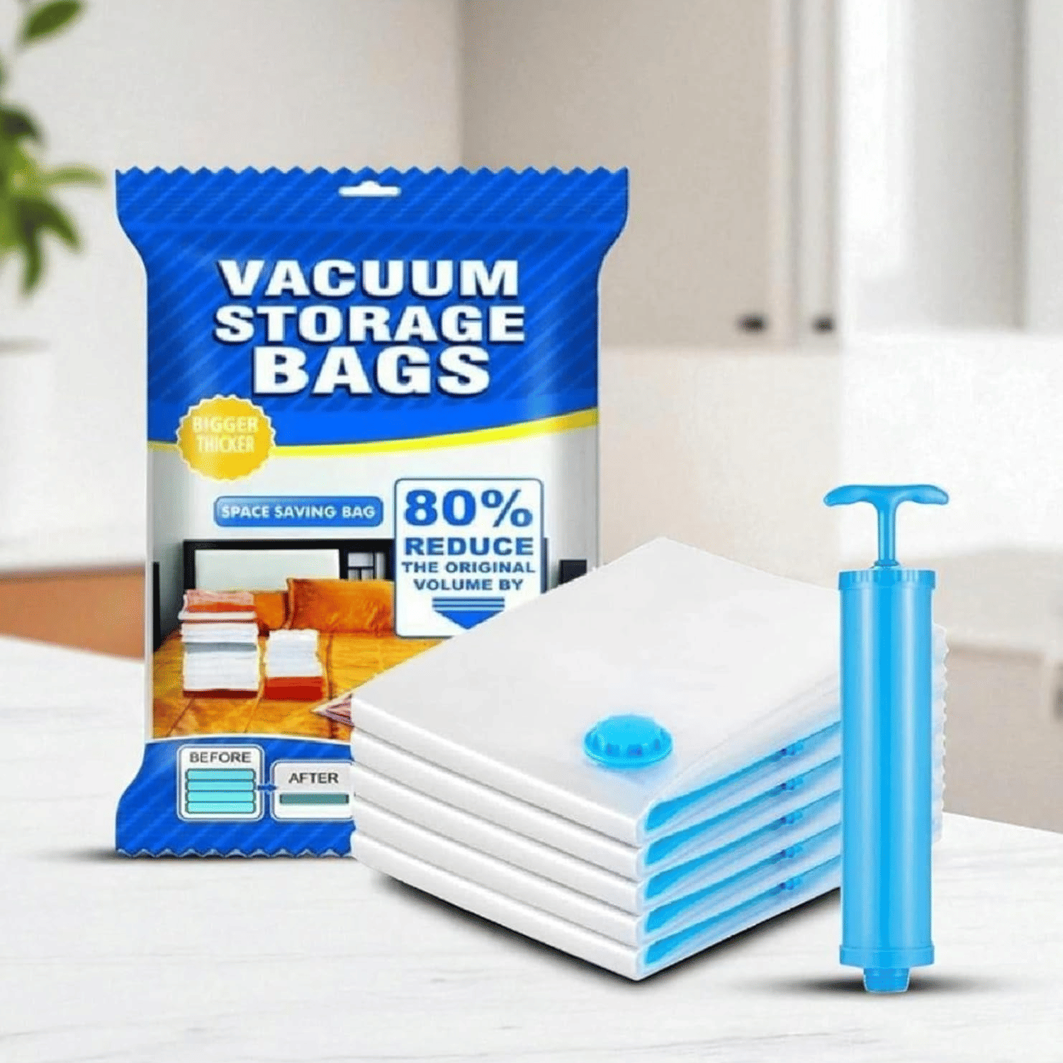     			Vacuum Storage Bags For Clothes With Hand Pump, Vacuum Seal Bags For Clothing, 5Pcs Space Saver Bags For Travel & Home, Self-Compression Organizer For Blankets, Pillows, Blankets & Sweaters