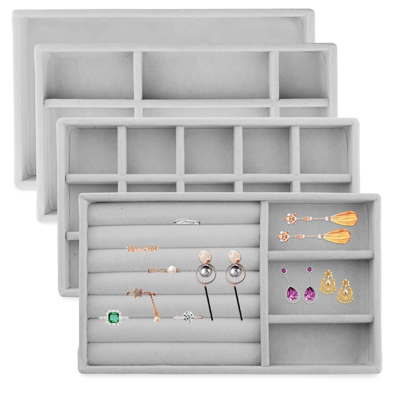     			Velvet Jewellery Drawer Organiser, Jewellery Inserts Tray for Drawer, Set of 4 Jewellery Divider Storage Compartments Stackable Display Box, Grey Storage Holder For Necklace Earring