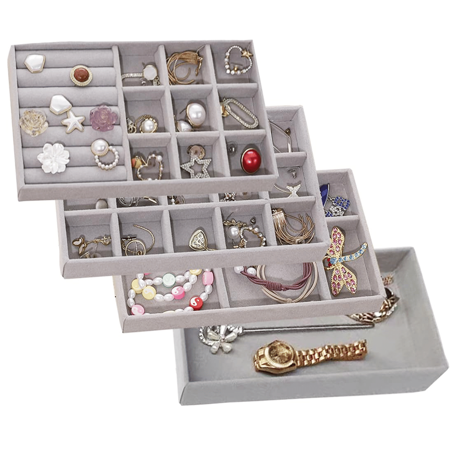 Velvet Jewellery Drawer Organiser, Jewellery Inserts Tray for Drawer, Set of 4 Jewellery Divider Storage Compartments Stackable Display Box, Grey Storage Holder For Necklace Earring - Jewellery Sets | Buy online on ZillyBuy