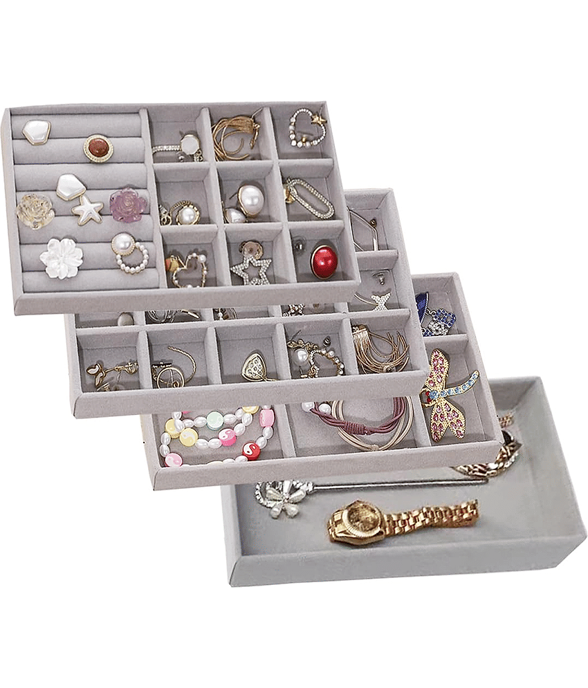 Velvet Jewellery Drawer Organiser, Jewellery Inserts Tray for Drawer, Set of 4 Jewellery Divider Storage Compartments Stackable Display Box, Grey Storage Holder For Necklace Earring - Jewellery Sets | Buy online on ZillyBuy
