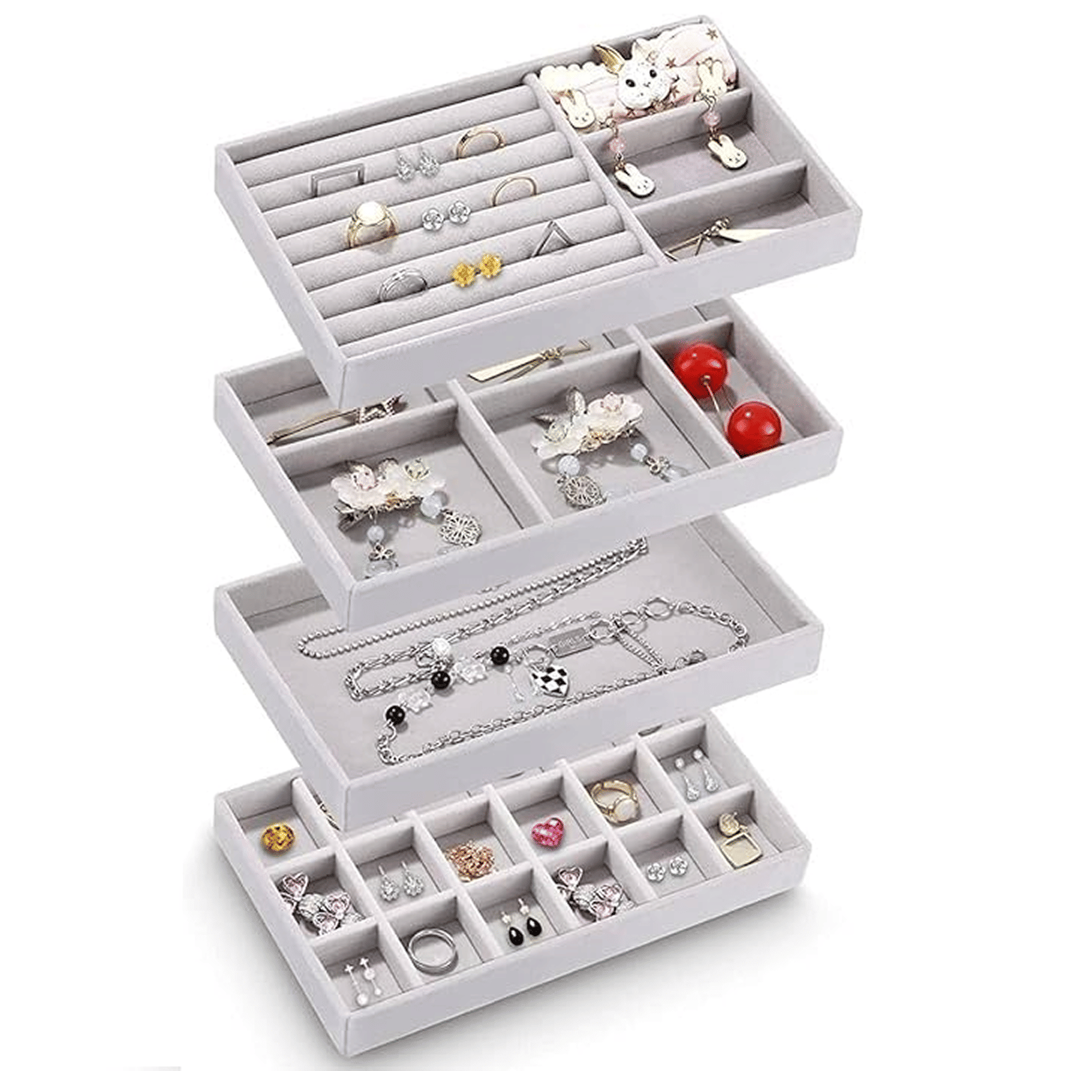     			Velvet Jewellery Drawer Organiser, Jewellery Inserts Tray for Drawer, Set of 4 Jewellery Divider Storage Compartments Stackable Display Box, Grey Storage Holder For Necklace Earring