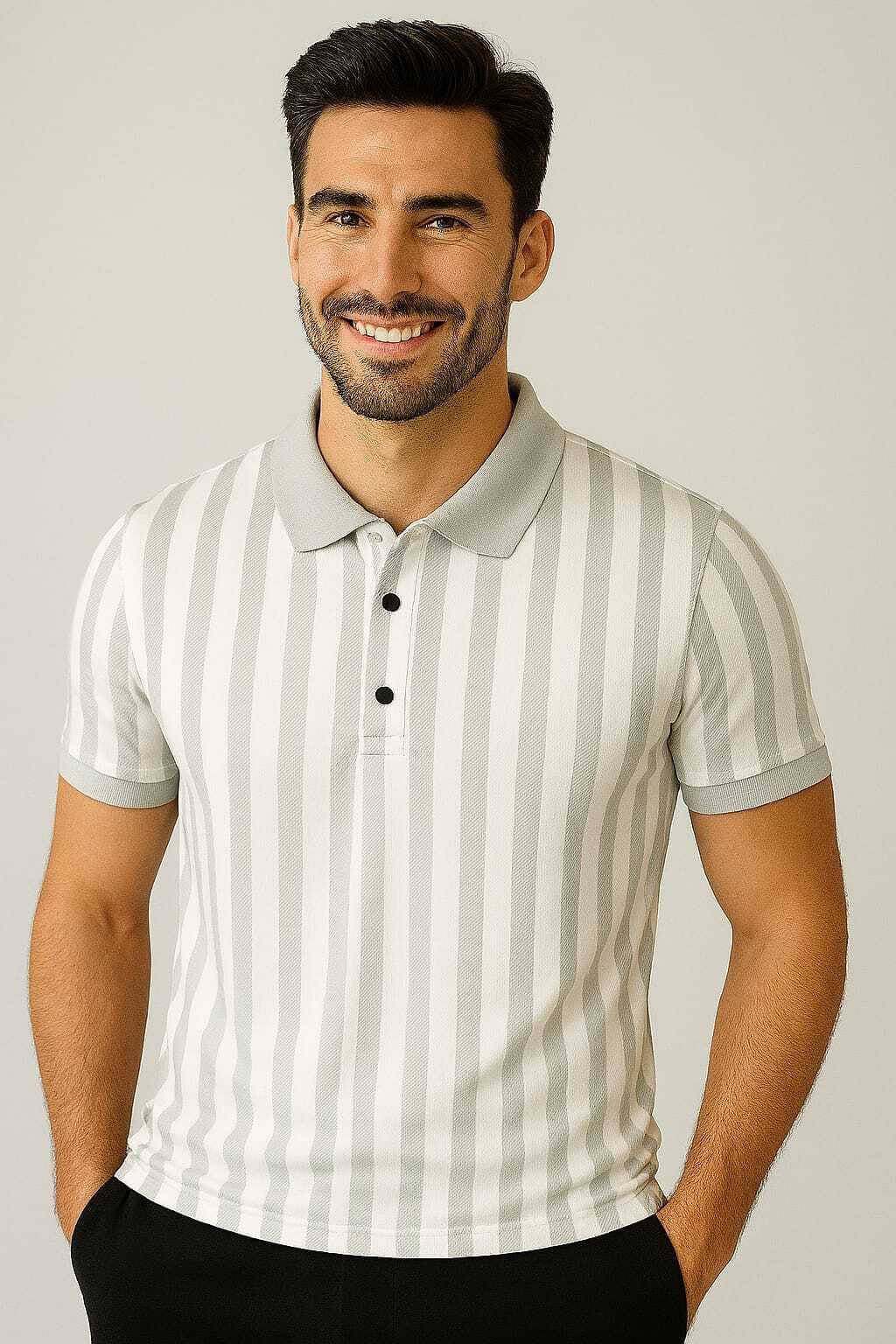     			WILD ELEPHANT Men Polyester Regular Fit Striped Polo T Shirt ( Light Grey )
