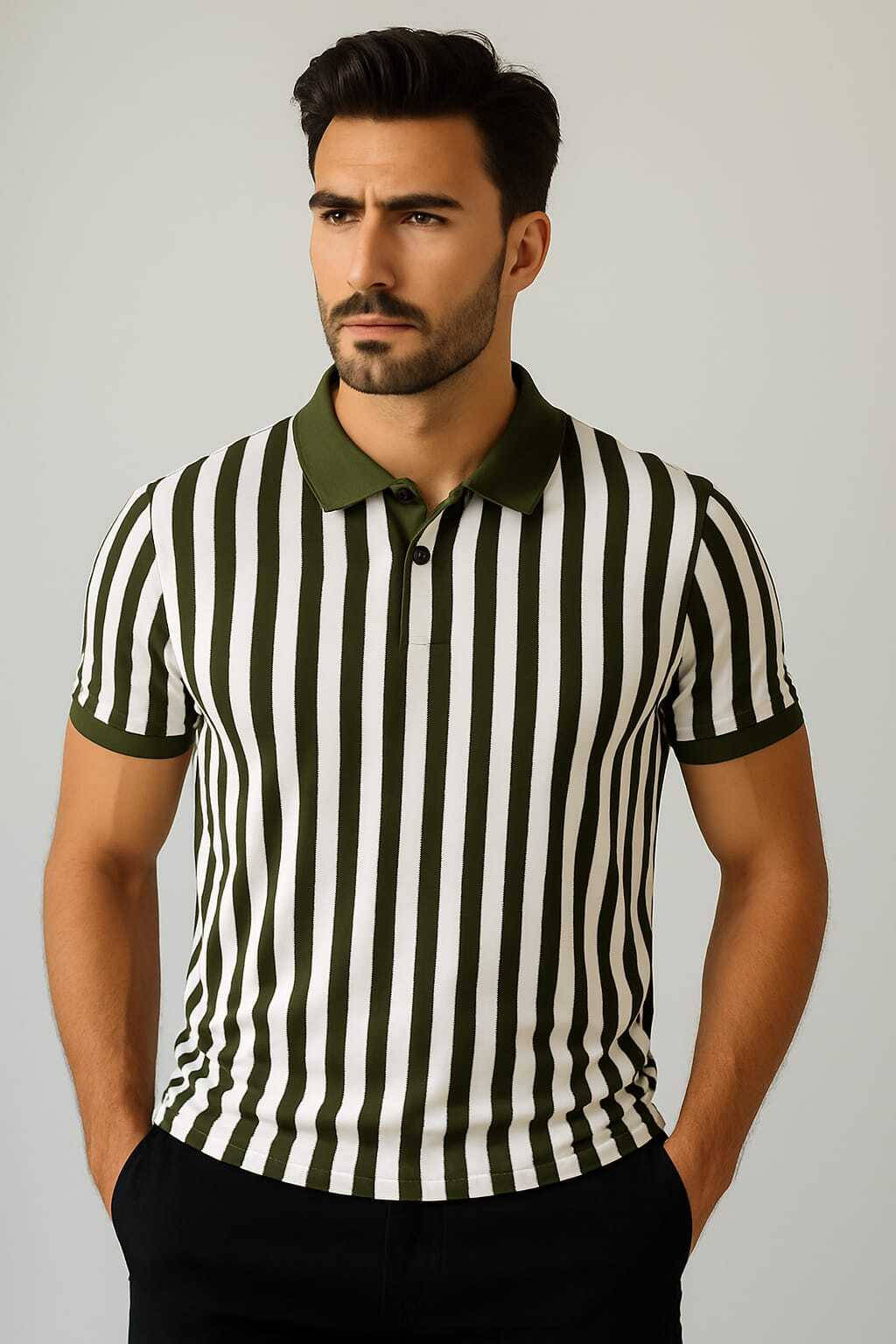 WILD ELEPHANT Men Polyester Regular Fit Striped Polo T Shirt ( Olive ) WILD ELEPHANT Men Polyester Regular Fit Striped Polo T Shirt ( Olive )