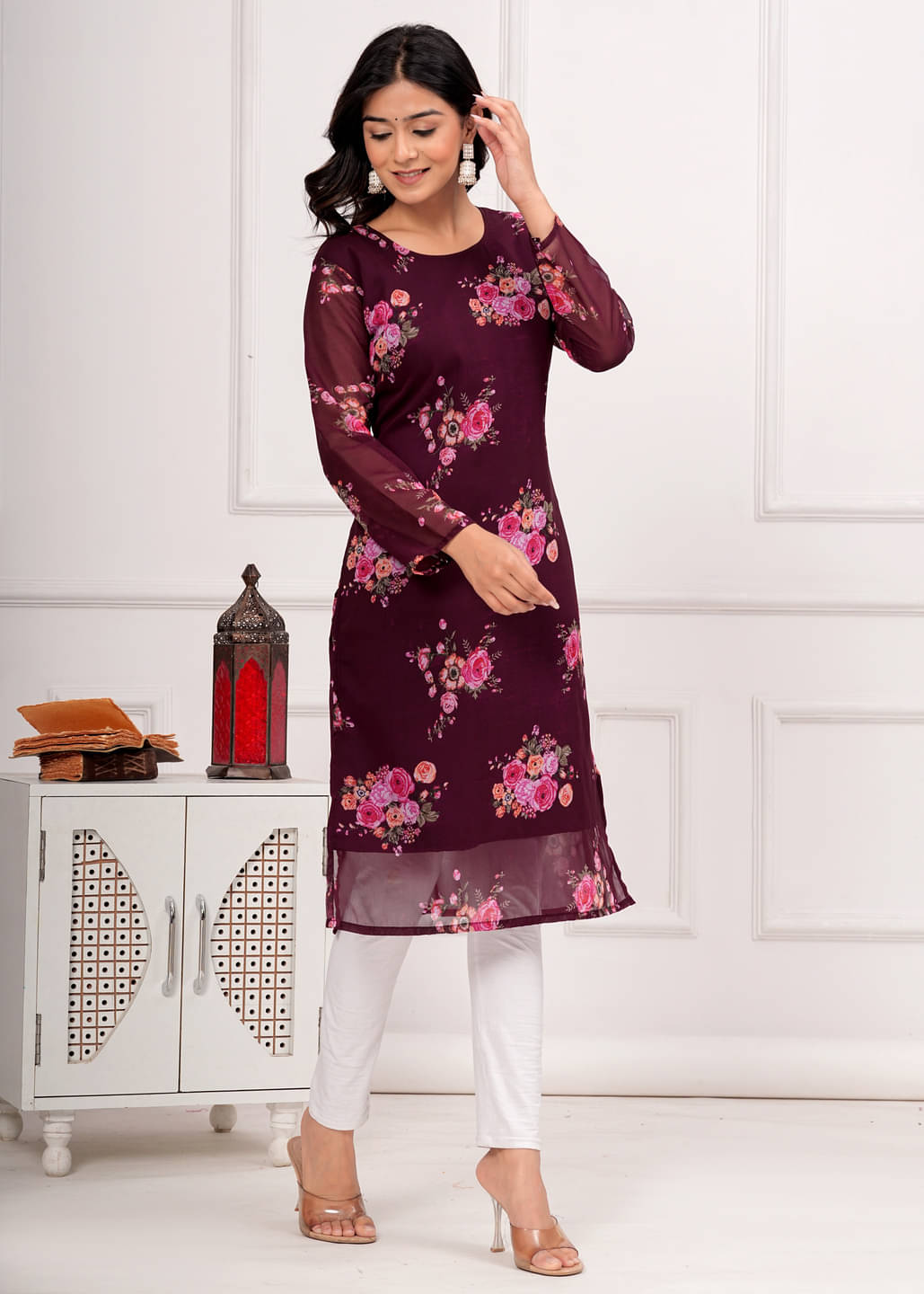 YAGNIK FASHION Women Georgette Self Design Straight Kurti ( Wine ) YAGNIK FASHION Women Georgette Self Design Straight Kurti ( Wine )