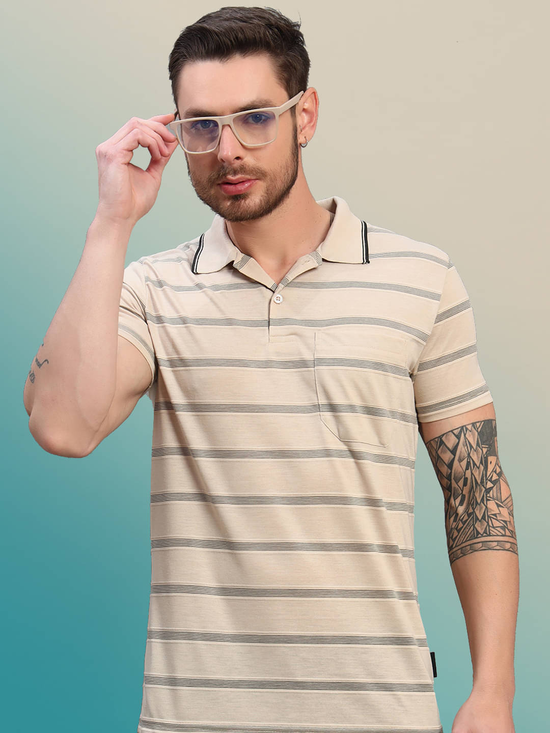 renuovo Men Polyester Regular Fit Striped Polo T Shirt ( Beige ) renuovo Men Polyester Regular Fit Striped Polo T Shirt ( Beige )