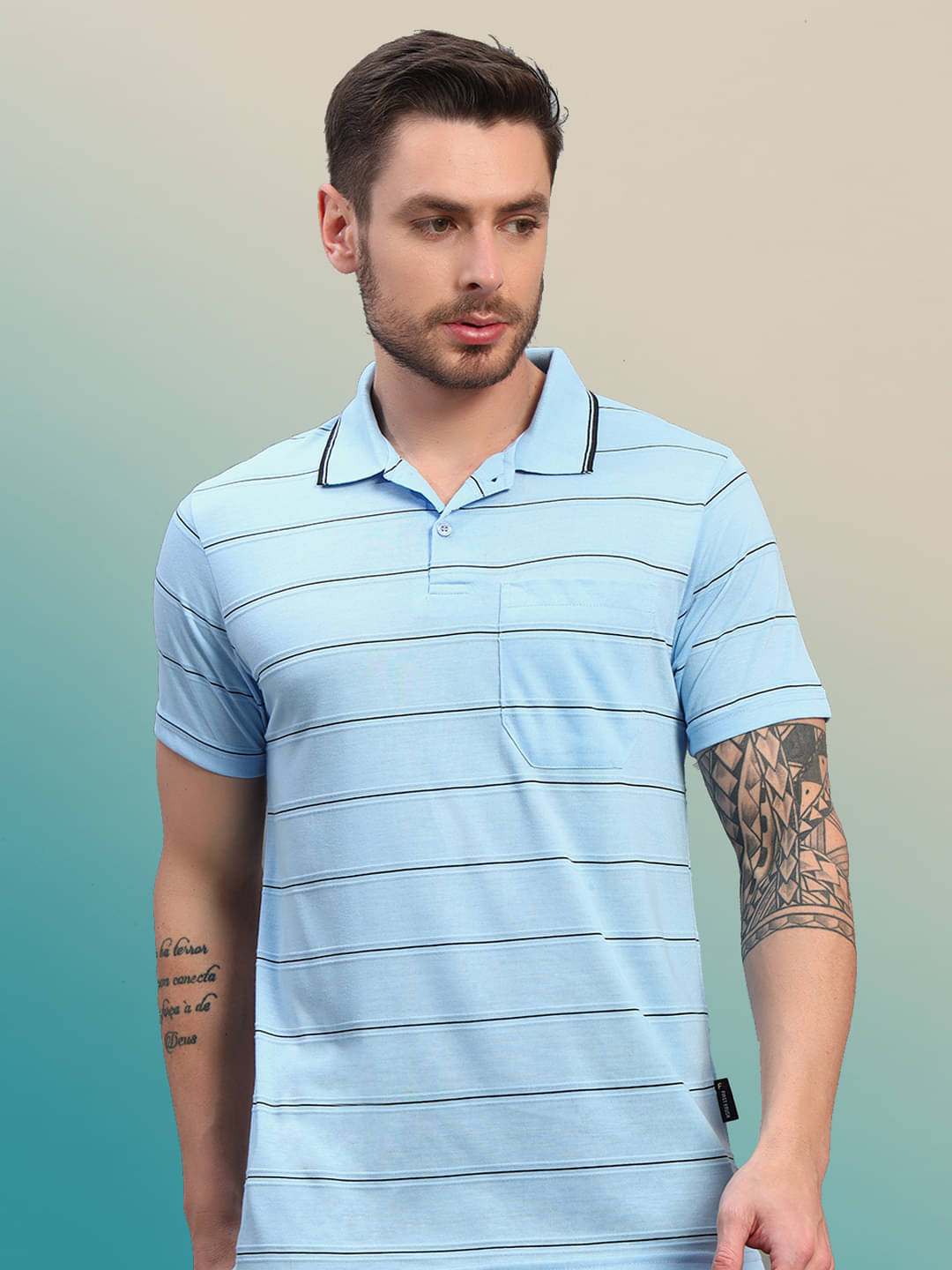     			renuovo Men Polyester Regular Fit Striped Polo T Shirt ( Sky Blue )