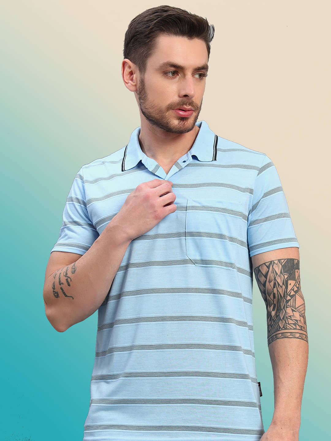 renuovo Men Polyester Regular Fit Striped Polo T Shirt ( Sky Blue ) renuovo Men Polyester Regular Fit Striped Polo T Shirt ( Sky Blue )