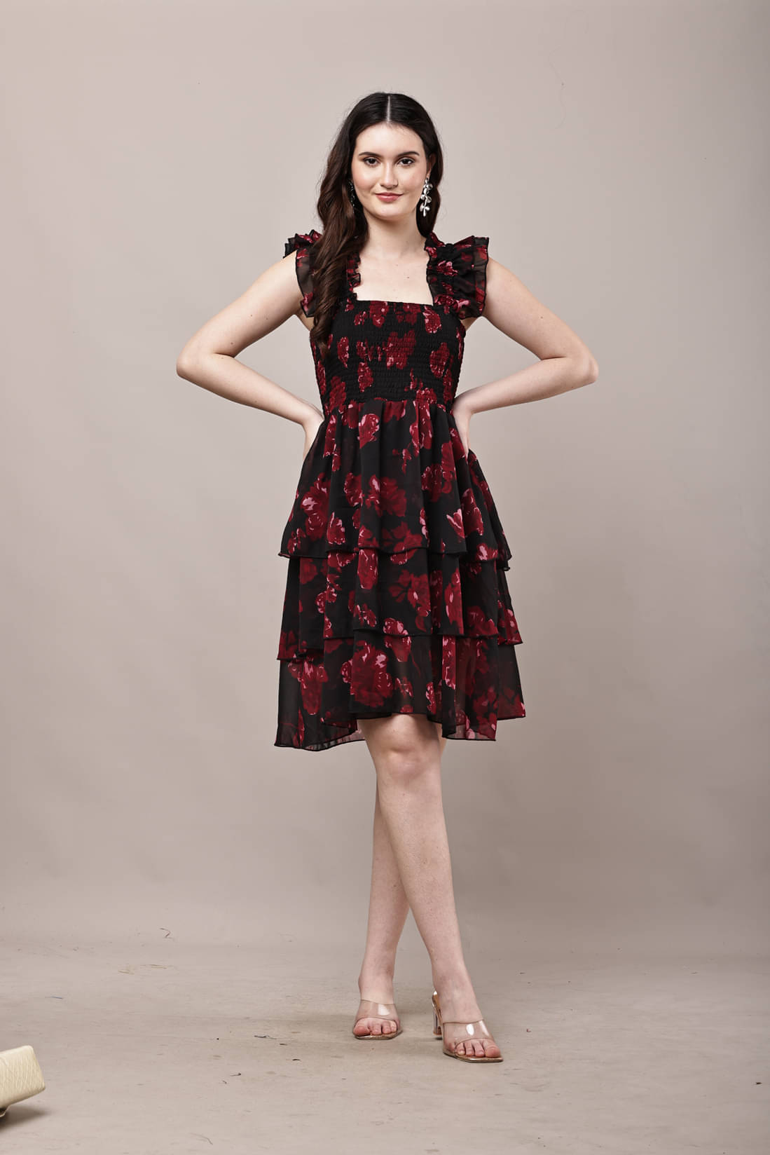     			vivient Women Georgette Printed Fit & Flare Dress ( Maroon )