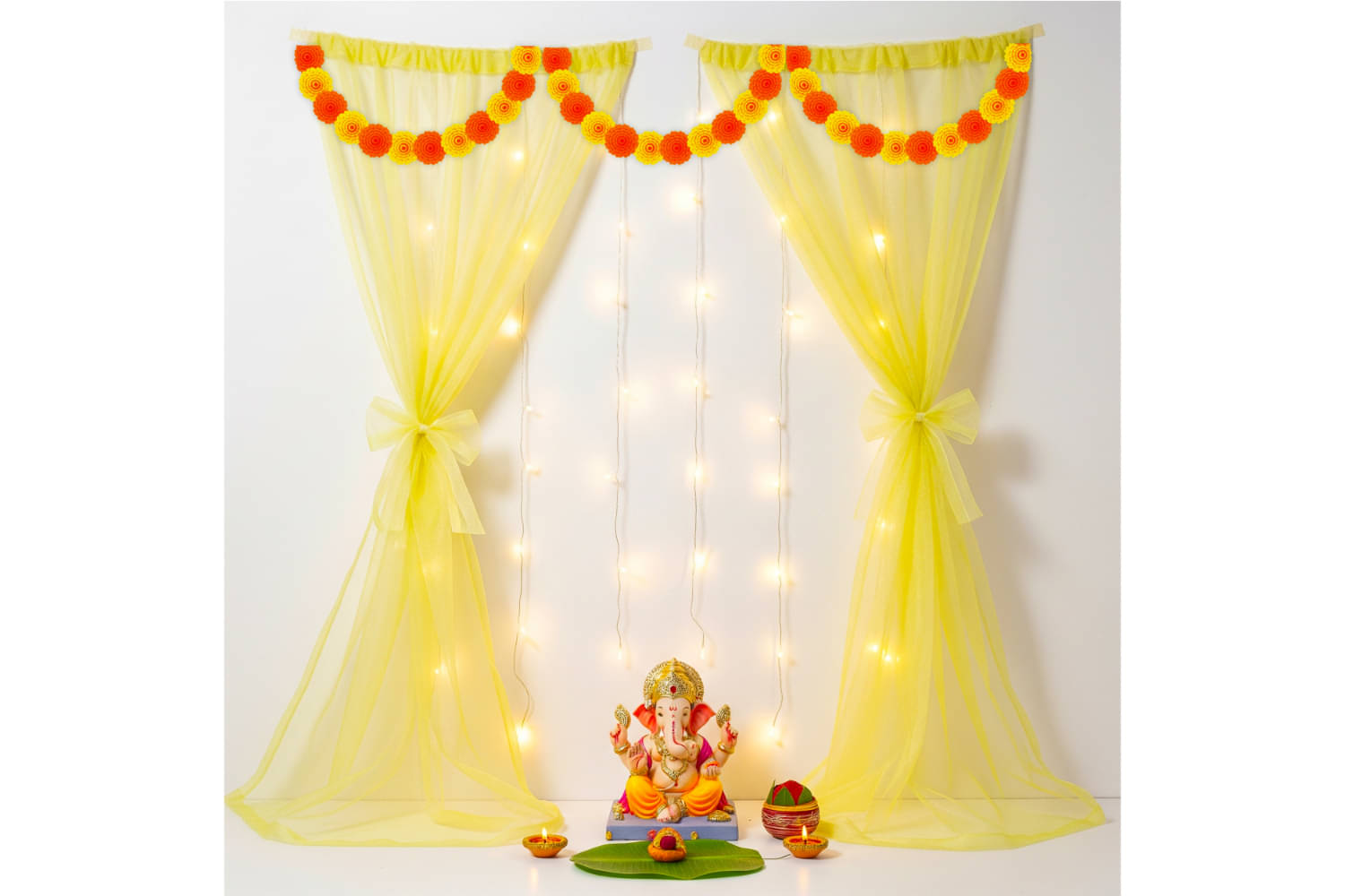     			1iAM Ganpati Decoration For Home - Pack of 8 | Yellow Net, Marigold Flower, Light, Hook & Ribbon For Ganesh Pooja Decoration | Backdrop Curtain For Ganesh Chaturthi | Traditional Pooja Decorative Item