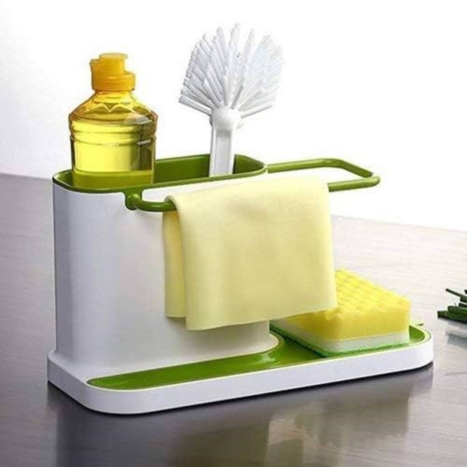     			3 in 1 Kitchen Sink Organiser Dish Wash Drainer Wall Mounted Stand with Sopnge, Cloths & Soap Holder Plastic Kitchen Sink Caddy (Random Color)