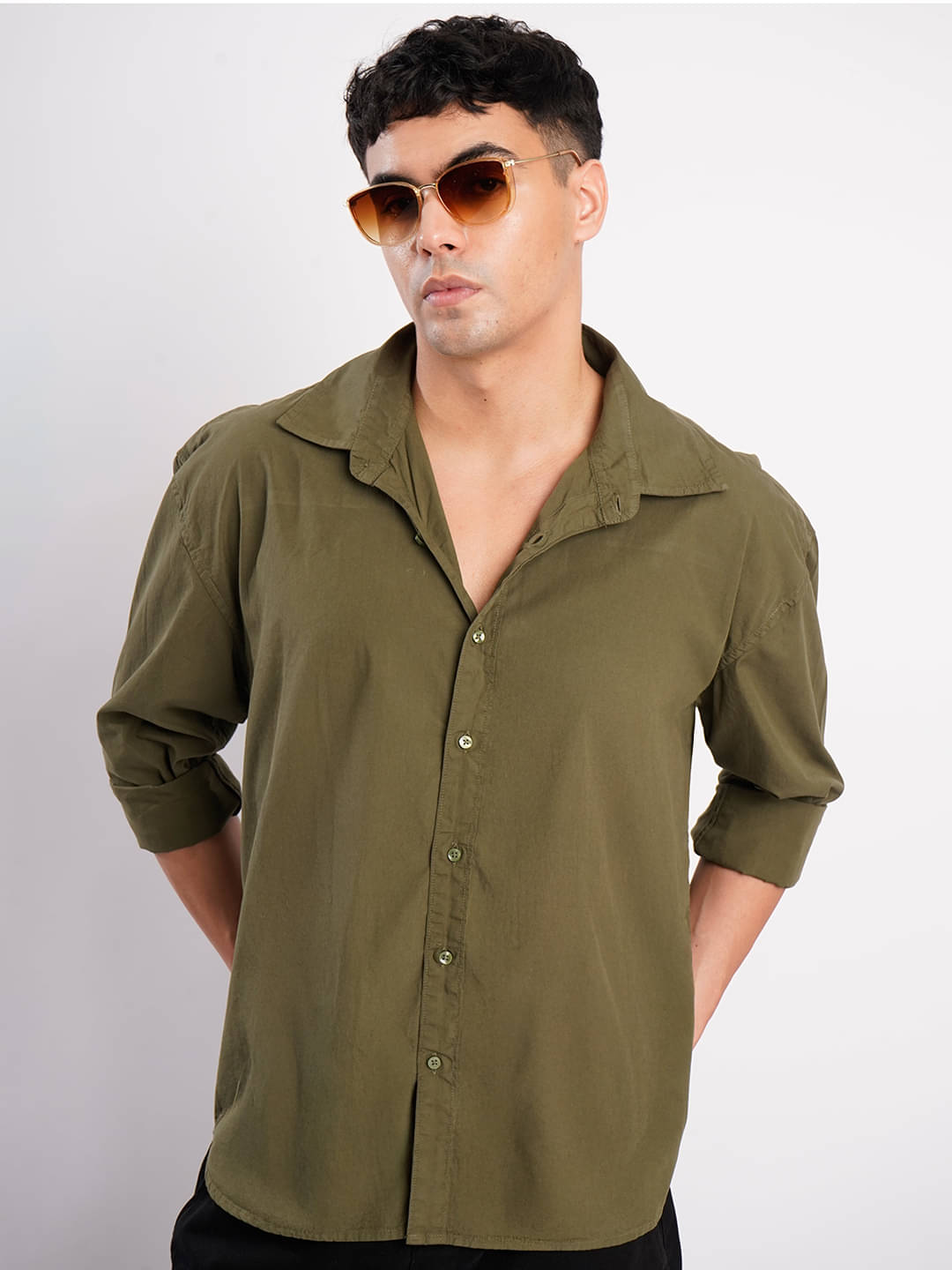 Bene Kleed 100% Cotton Oversized Fit Solids Full Sleeves Men's Casual Shirt - Olive ( Pack of 1 )     			Bene Kleed 100% Cotton Oversized Fit Solids Full Sleeves Men's Casual Shirt - Olive ( Pack of 1 )