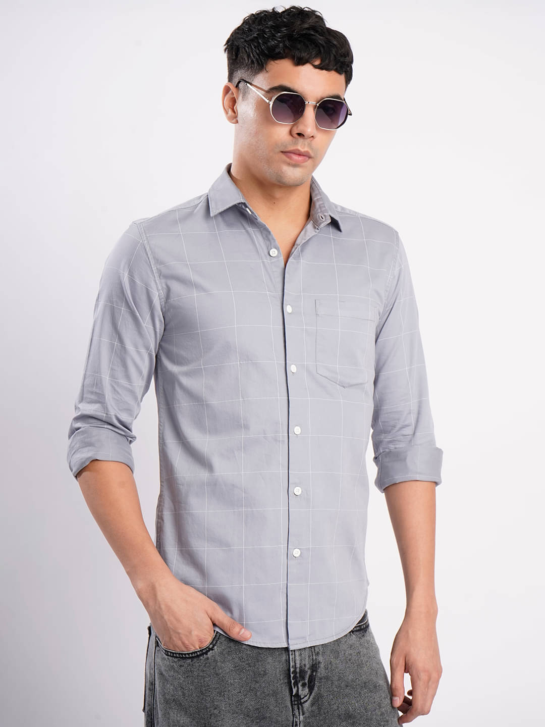     			Bene Kleed 100% Cotton Slim Fit Checks Full Sleeves Men's Casual Shirt - Grey ( Pack of 1 )