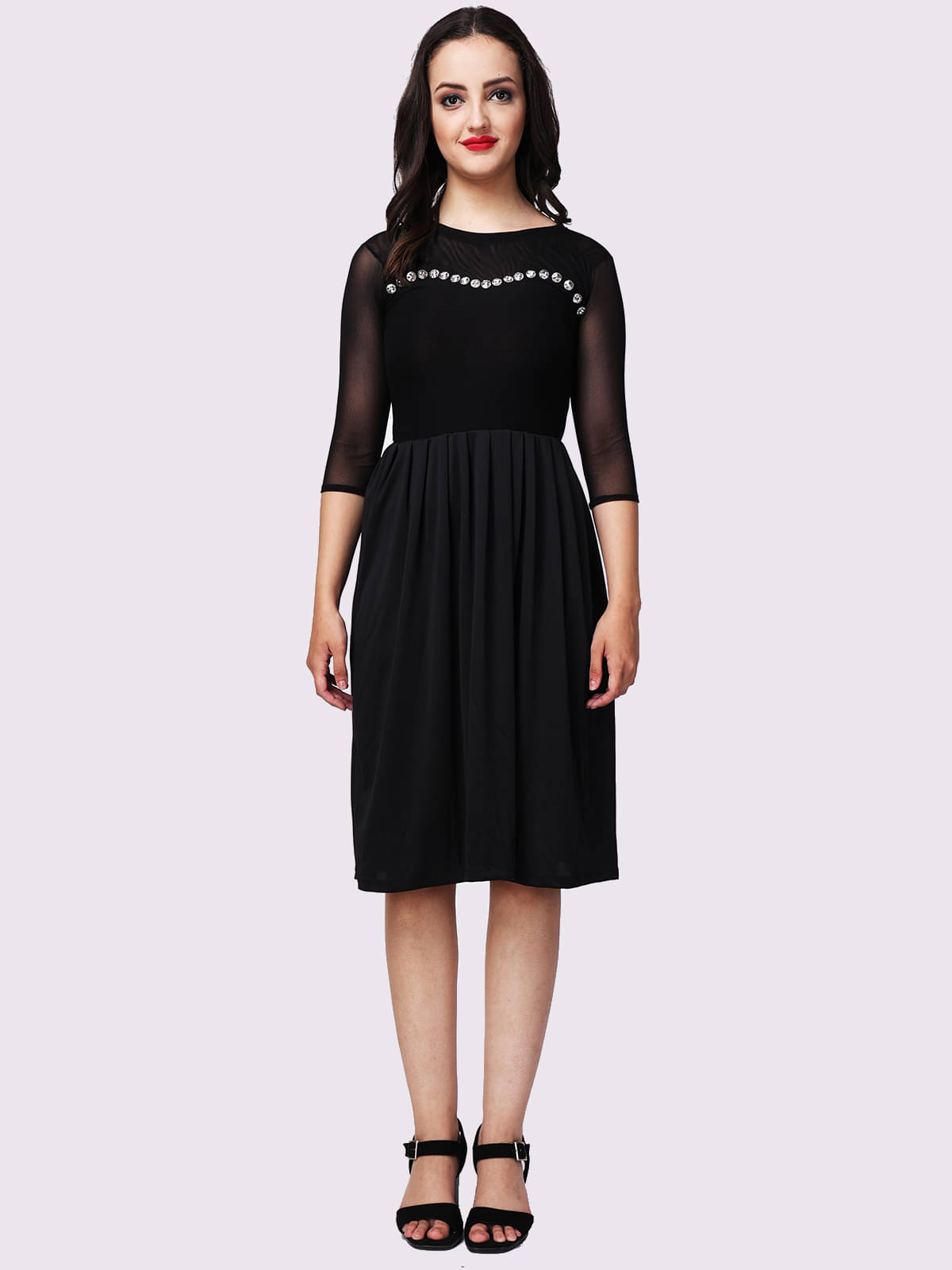 Finian Women Viscose Self Design Fit & Flare Dress ( Black ) Finian Women Viscose Self Design Fit & Flare Dress ( Black )
