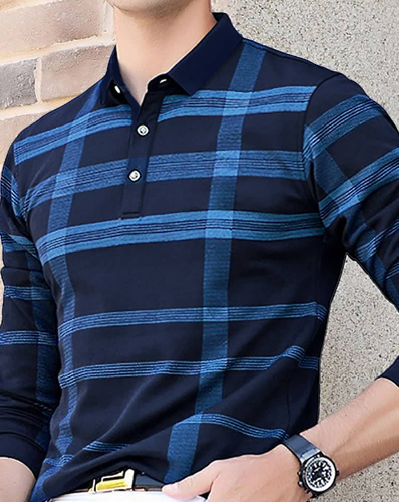     			GARBLY Men Cotton Blend Regular Fit Checks T-Shirt ( Navy )