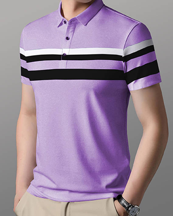 GARBLY Men Cotton Blend Regular Fit Striped Polo T Shirt ( Lavender ) GARBLY Men Cotton Blend Regular Fit Striped Polo T Shirt ( Lavender )