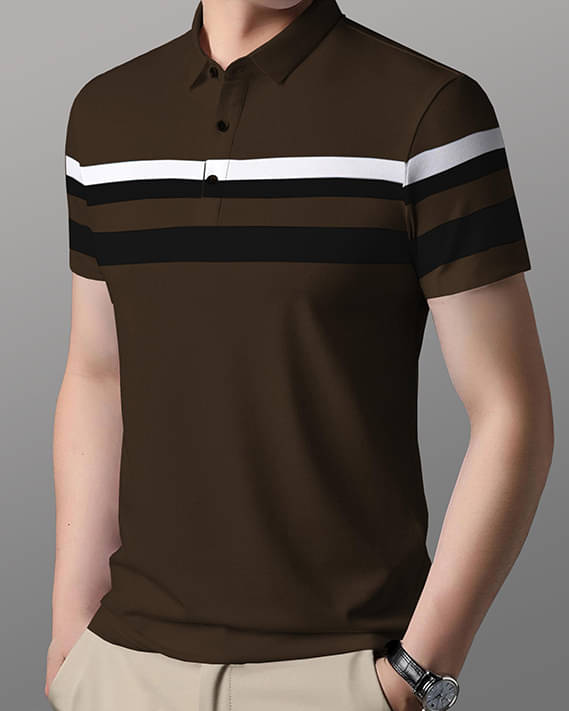 GARBLY Men Cotton Blend Regular Fit Striped Polo T Shirt ( Brown ) GARBLY Men Cotton Blend Regular Fit Striped Polo T Shirt ( Brown )