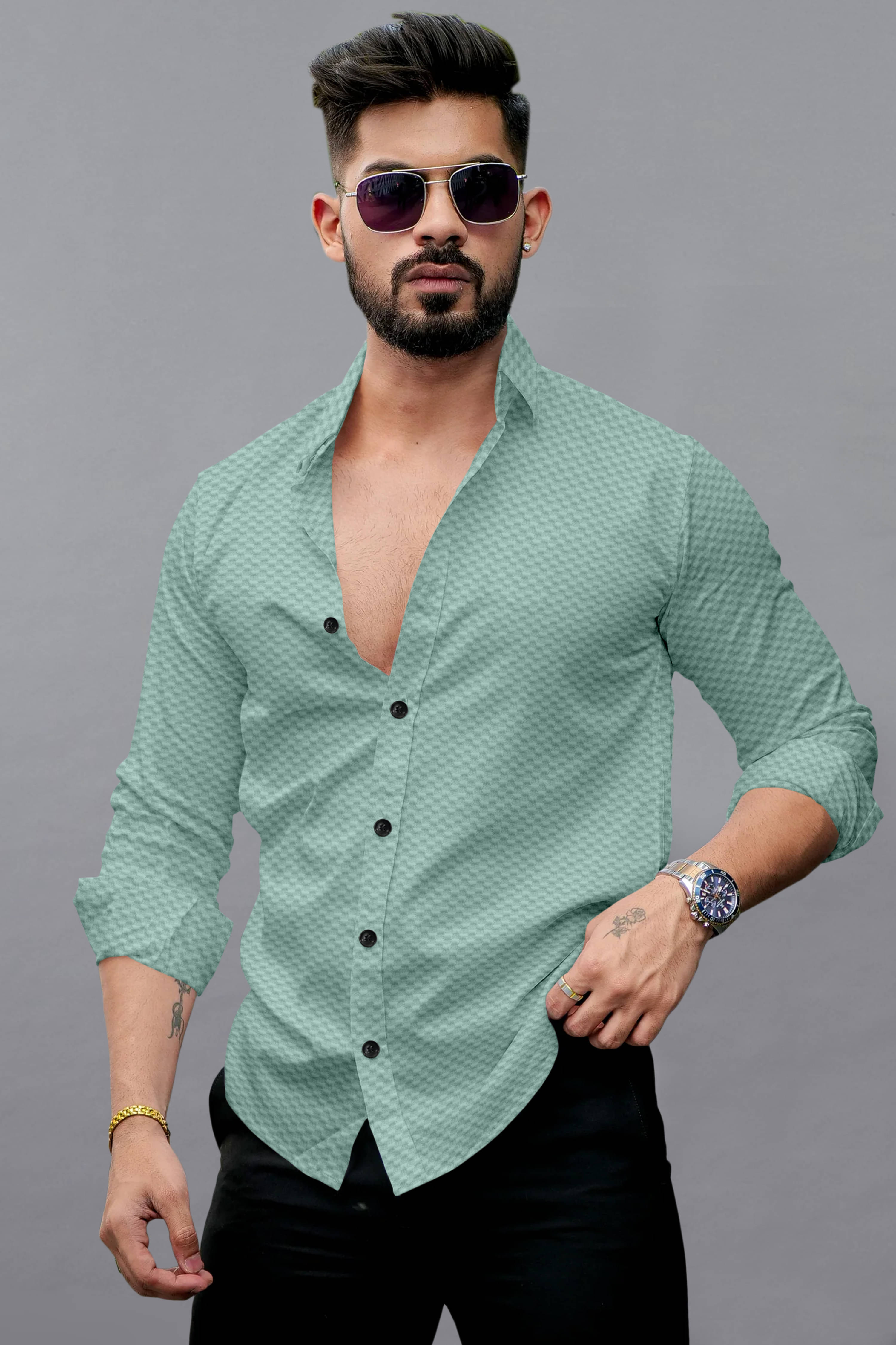     			GROWWAX Polyester Regular Fit Self Design Full Sleeves Men's Casual Shirt - Green ( Pack of 1 )