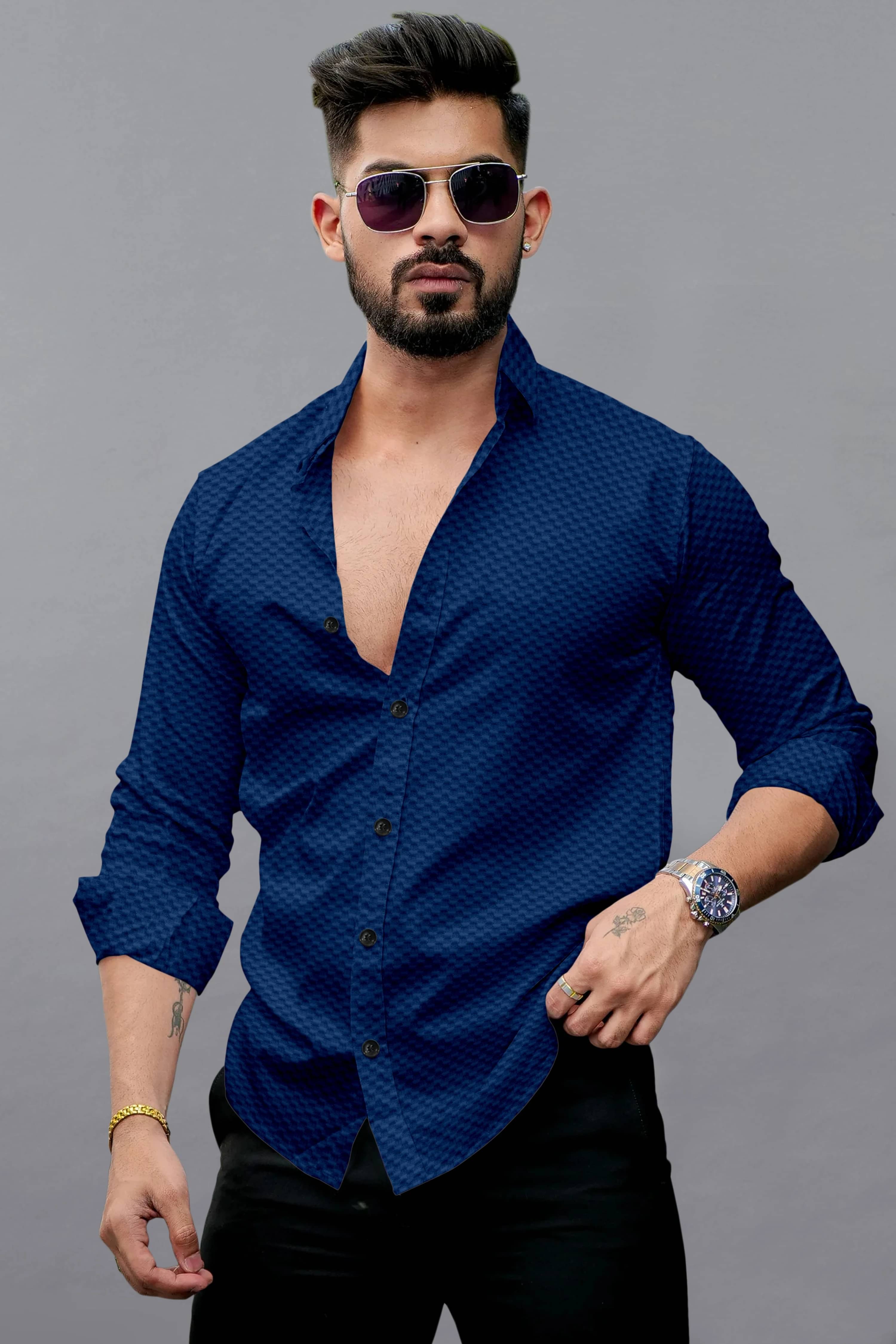 GROWWAX Polyester Regular Fit Self Design Full Sleeves Men's Casual Shirt - Navy Blue ( Pack of 1 ) GROWWAX Polyester Regular Fit Self Design Full Sleeves Men's Casual Shirt - Navy Blue ( Pack of 1 )