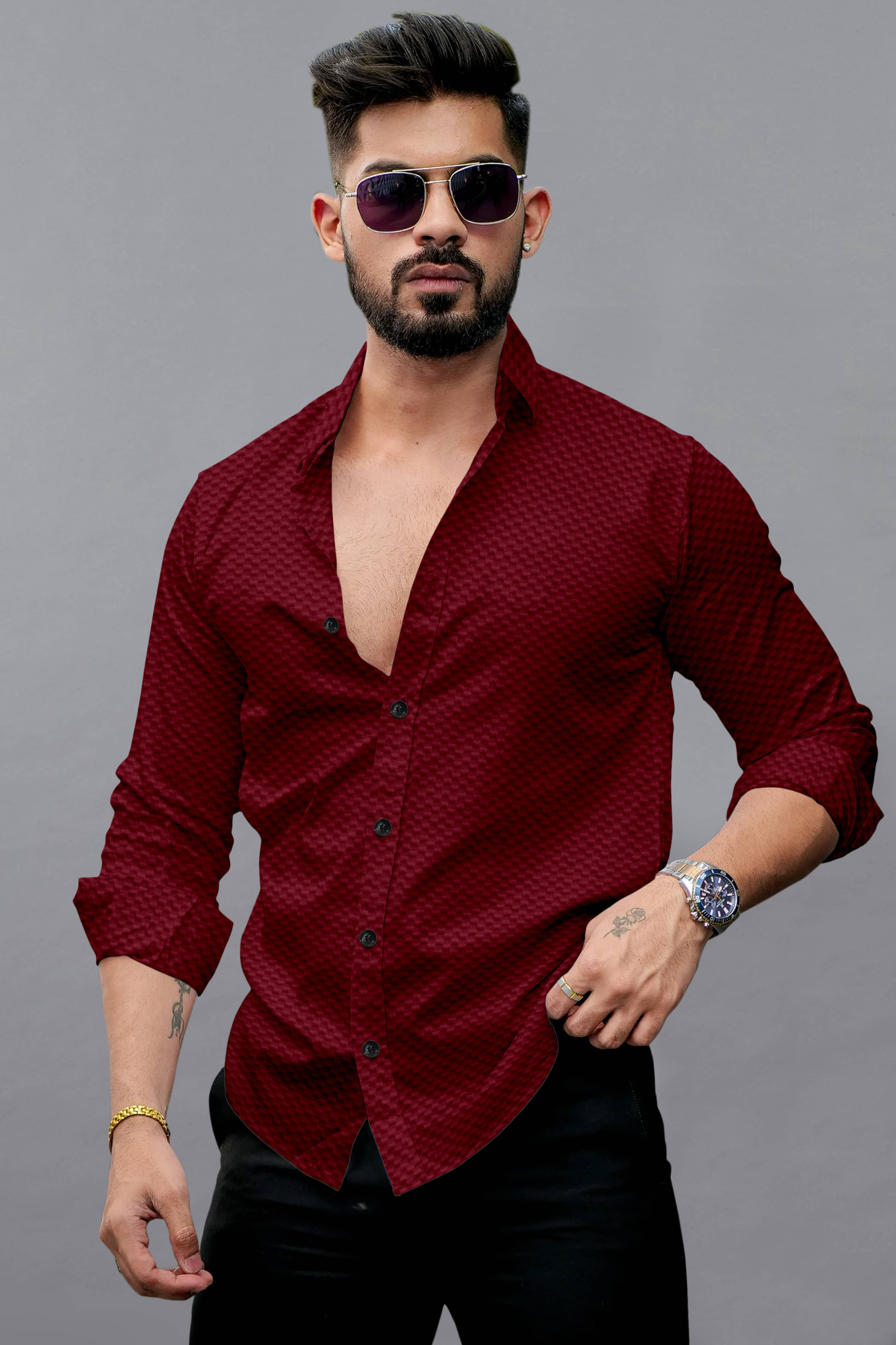     			GROWWAX Polyester Regular Fit Self Design Full Sleeves Men's Casual Shirt - Maroon ( Pack of 1 )