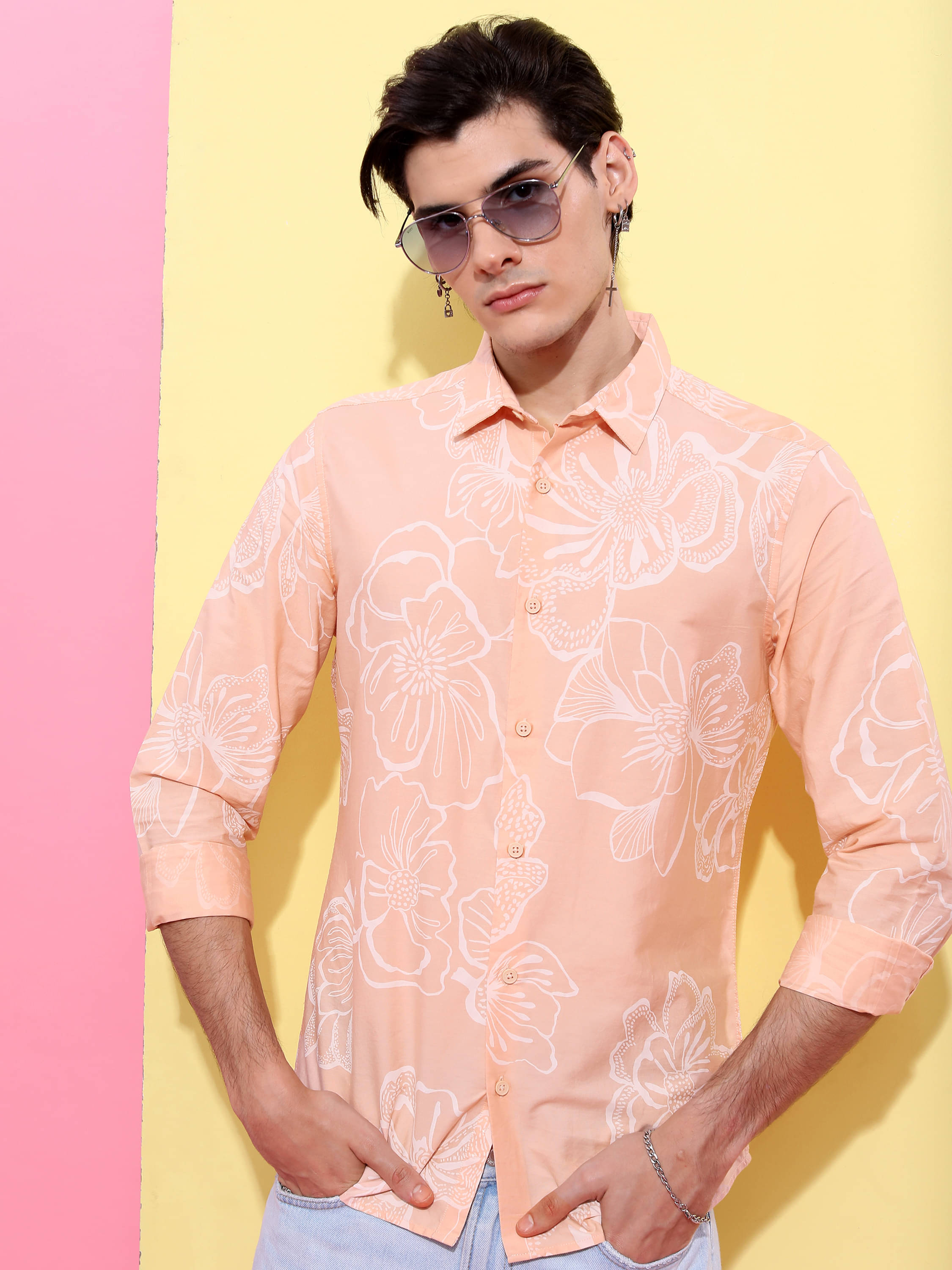 Highlander 100% Cotton Slim Fit Printed Full Sleeves Men's Casual Shirt - Peach ( Pack of 1 )     			Highlander 100% Cotton Slim Fit Printed Full Sleeves Men's Casual Shirt - Peach ( Pack of 1 )